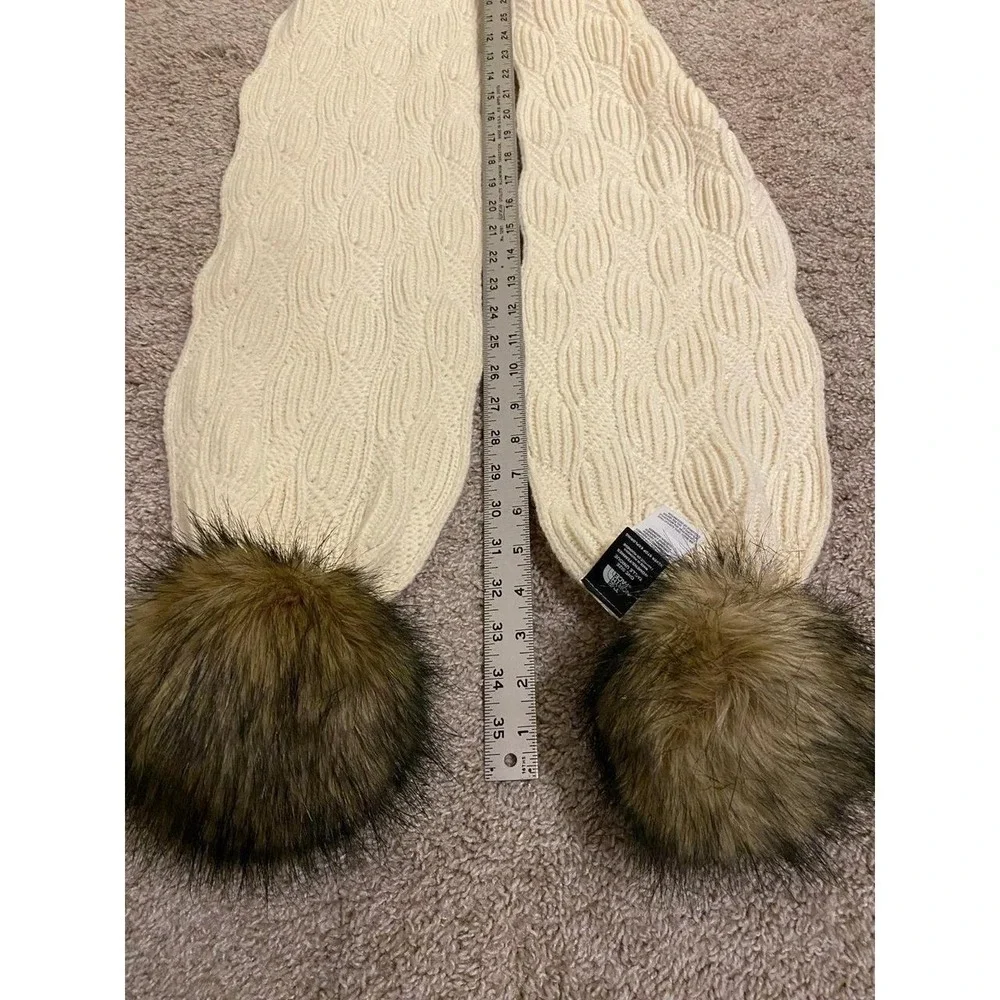 The North Face Scarf Pompom Faux Fur Knit Ivory Cream OSFM